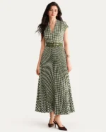 Vestido midi plissado em padronagem pied-de-poule verde oliva, foto 01