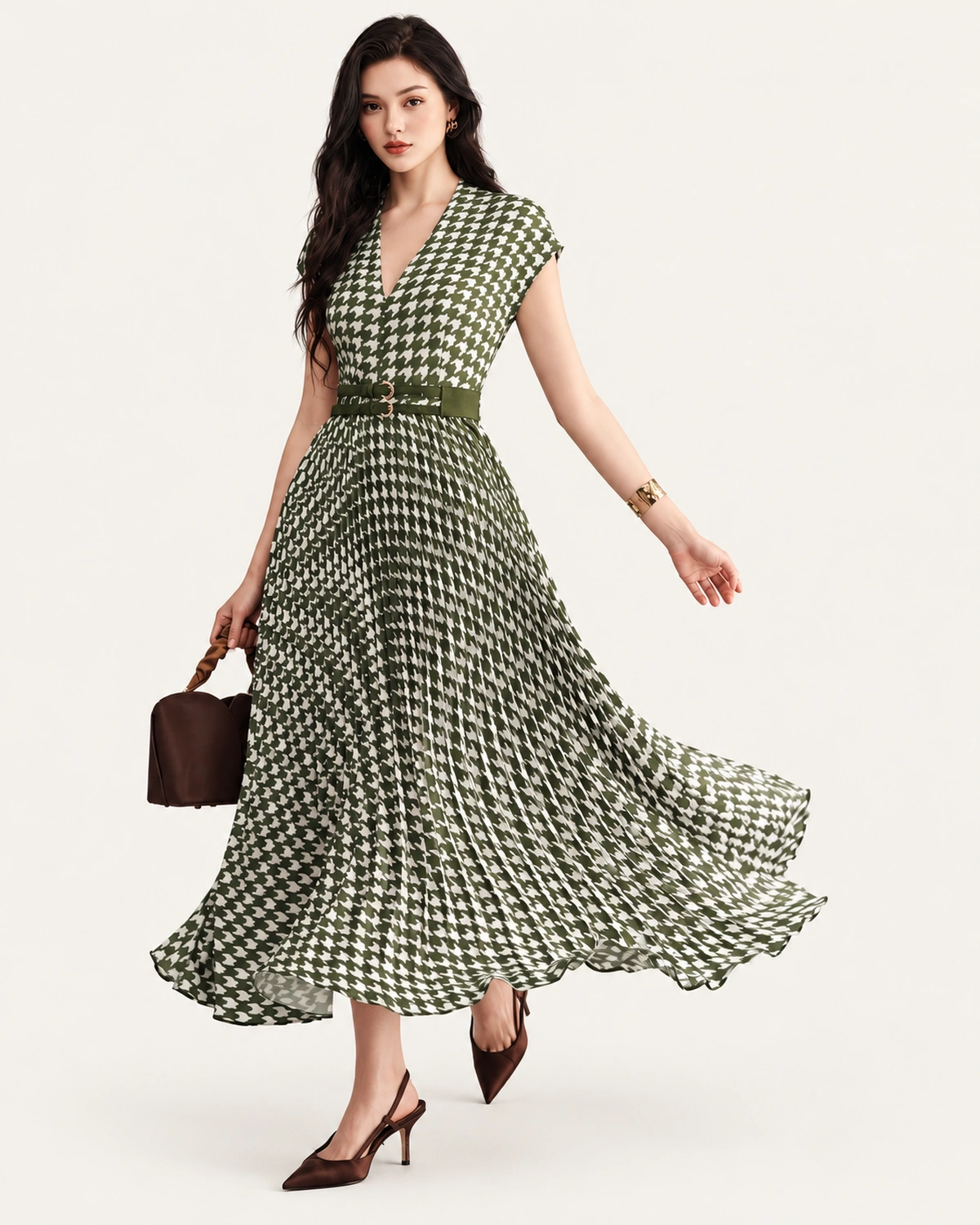 Vestido midi plissado em padronagem pied-de-poule verde oliva, foto 02