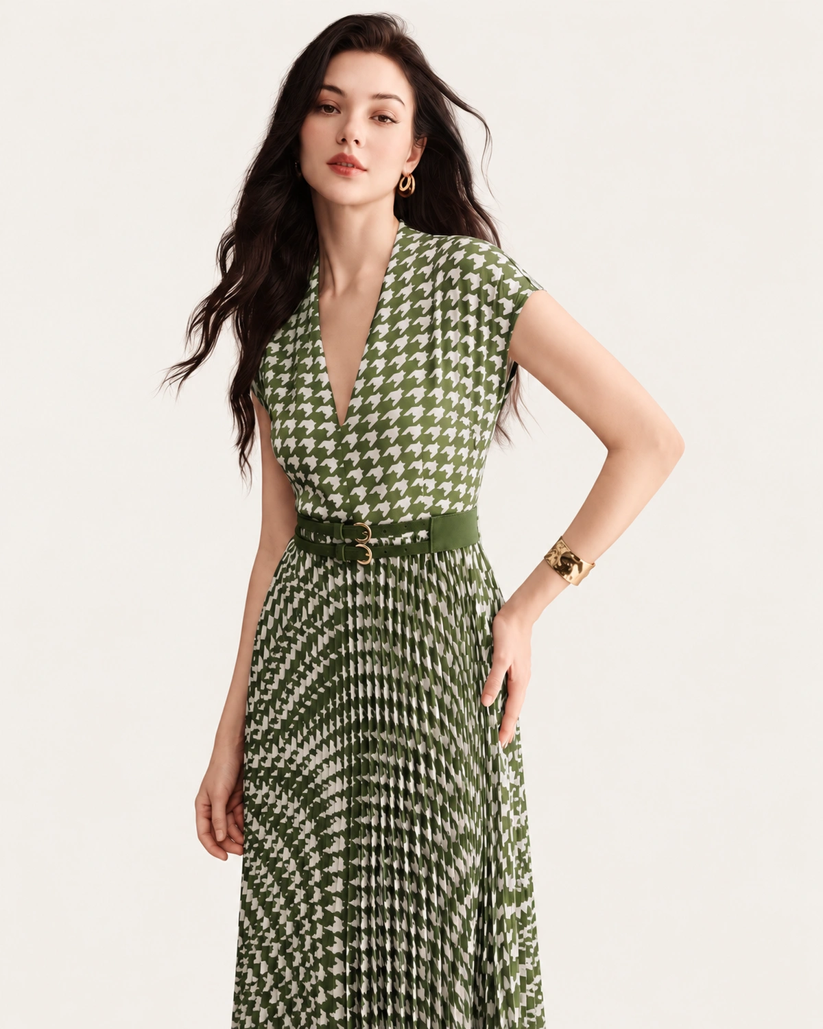 Vestido midi plissado em padronagem pied-de-poule verde oliva, foto 03