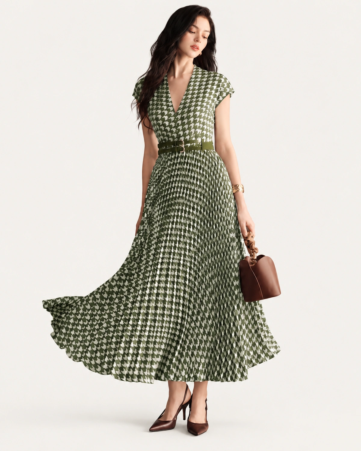 Vestido midi plissado em padronagem pied-de-poule verde oliva, foto 04