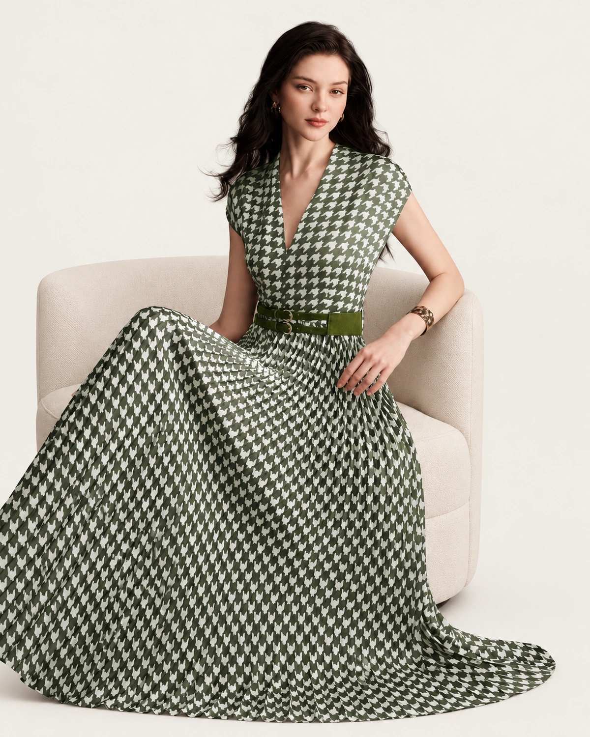 Vestido midi plissado em padronagem pied-de-poule verde oliva com saia aberta em leque, foto 07